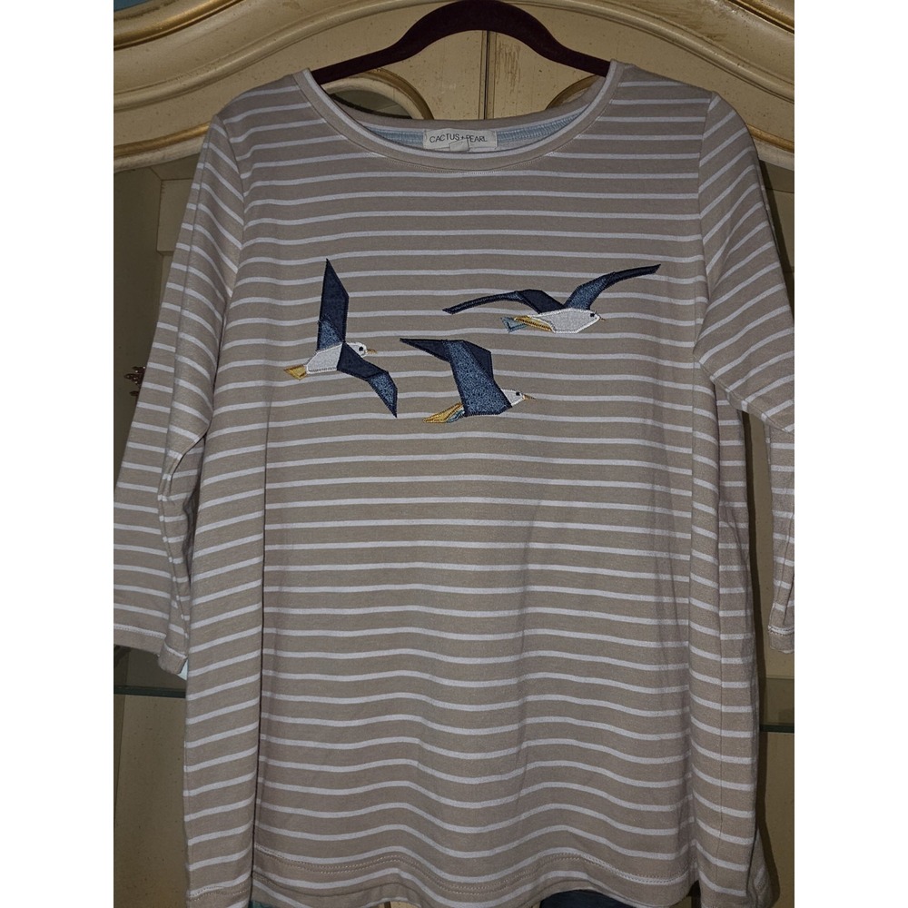 Cactus + Pearl Womens S Seagull Bird Applique Striped Top Coastal Nautical
